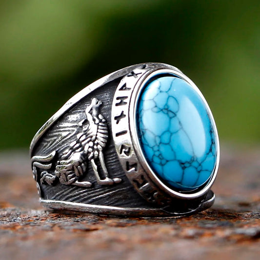 ZMY Home Stainless Steel Ring with Turquoise Stone - Norse Mythology Inspired Wolf and Raven Engraving, Viking Jewelry for Men and Women