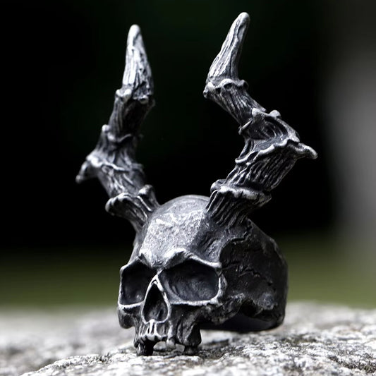 ZMY Home Stainless Steel Skull Ring with Devil Horns – Gothic Biker Party Jewelry Unique Demon Skull Design