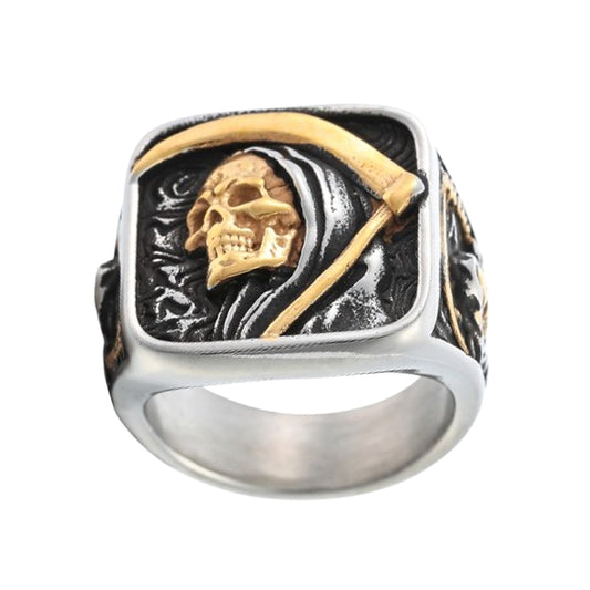 ZMY Home Gothic Skull Ring - Stainless Steel Signet Ring for Men - Multi-color Reaper Ring with Hook Design - Unique Jewelry Gift