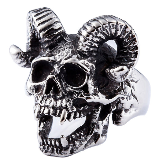 ZMY Home Antique Silver Ram Skull Ring for Men, Gothic Baphomet Goat Horn Demon Style, Edgy Satanic Statement Jewelry Gift