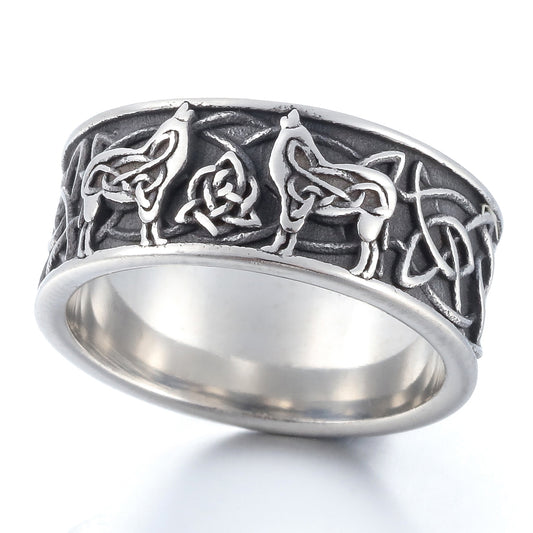 ZMY Home Viking Fenrir Wolf Knot Ring – Stainless Steel Norse Mythology Band with Celtic Knot Engravings, Men’s Statement Jewelry
