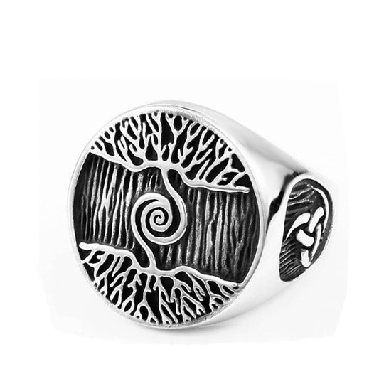ZMY Home Viking Tree of Life Signet Ring – Stainless Steel Yggdrasil Engraved Band, Nordic Mythology Jewelry for Men & Women