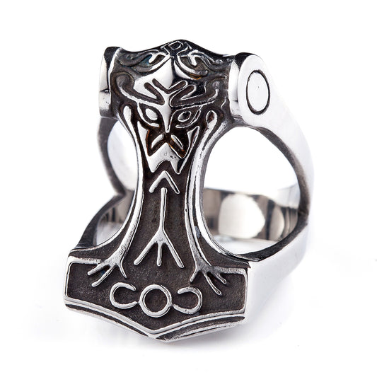 ZMY Home Viking Mjolnir Ring – Stainless Steel Thor’s Hammer Band with Runic Engravings, Norse Mythology Men’s Biker Jewelry