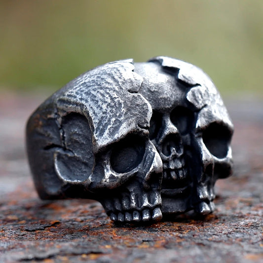 ZMY Home Gothic Ring - Double Skull with One Broken Design - Unique Party Stainless Steel Jewelry Gift
