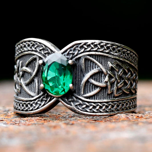 ZMY Home Norse Viking Knot Stainless Steel Punk Spinner Ring - Unique Statement Odin Jewelry Gifts for Him & Her with Green Gemstone