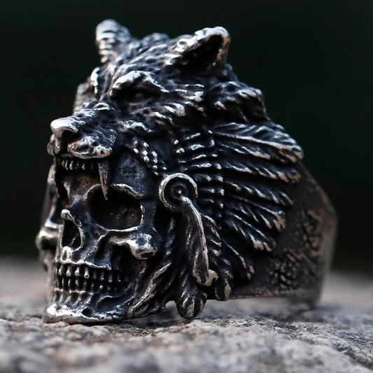 ZMY Home Stainless Steel Skull Ring with Beast Skin - Native American Feather Accent | Unique Fashion Party Jewelry