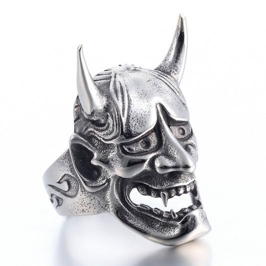 ZMY Home Japanese Hannya Mask Devil Ring, Gothic Oni Skull Biker Band, Edgy Punk Rock Stainless Steel Jewelry Gift