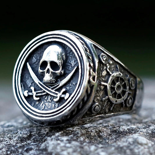 ZMY Home Pirate Emblem Ring Stainless Steel Skull and Ship Wheel Engraved Band Party Jewelry