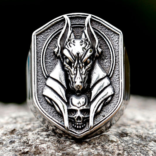 ZMY Home Stainless Steel Anubis and Skull Engraved Signet Ring | Unique Egyptian Mythology Party Jewelry
