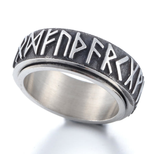ZMY Home Viking Spinner Ring – 8mm Stainless Steel Band with Embossed Elder Futhark Runes, Rotating Symbol Rune Design, Gothic Mens Unisex Jewelry