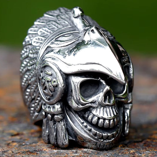 ZMY Home Stainless Steel Skull Ring with Native American Chief Headdress - Bird Skull Design, Tribal Biker Jewelry for Men, Vintage Gothic Party Ring