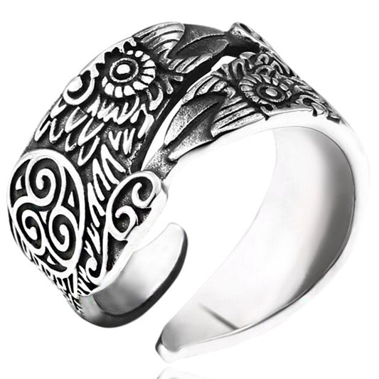 ZMY Home Viking Raven Ring – Stainless Steel Norse Mythology Jewelry Featuring Odin’s Huginn and Muninn Symbol, Nordic Rune Engraved Men's Biker Statement Ring