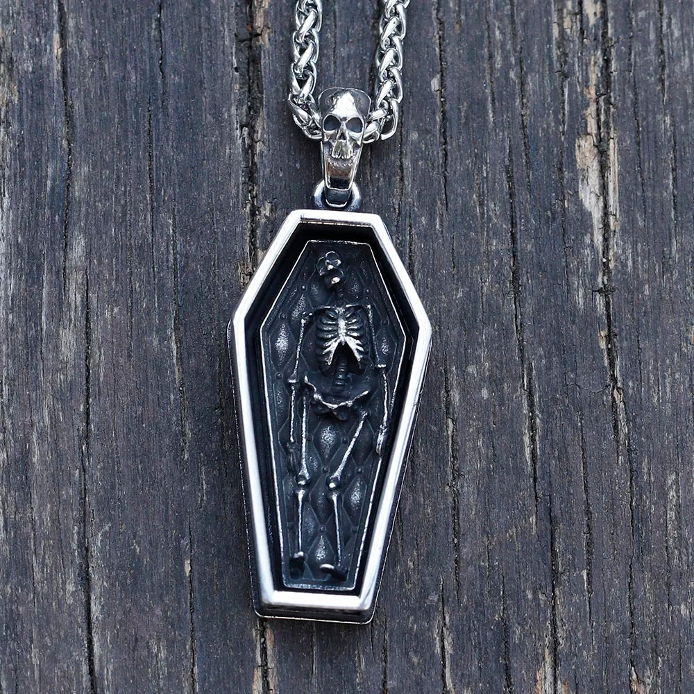 ZMY Home Skull Necklace - Coffin with Skeleton Design Pendant - Unique Stainless Steel Jewelry