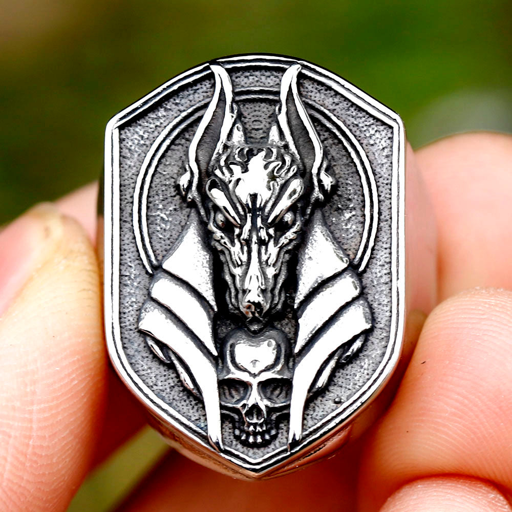 ZMY Home Stainless Steel Anubis and Skull Engraved Signet Ring | Unique Egyptian Mythology Party Jewelry