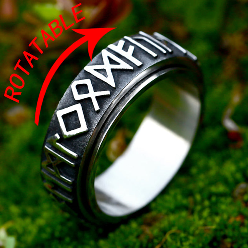 ZMY Home Viking Spinner Ring – 8mm Stainless Steel Band with Embossed Elder Futhark Runes, Rotating Symbol Rune Design, Gothic Mens Unisex Jewelry