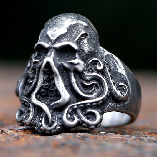 ZMY Home Gothic Octopus Cthulhu Skull Stainless Steel Spinner Fidget Ring - Unique Edgy Party Jewelry for Gifts