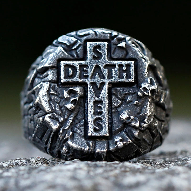 ZMY Home Stainless Steel Signet Ring Cross with Death and Saves Inscriptions Skull Party Jewelry