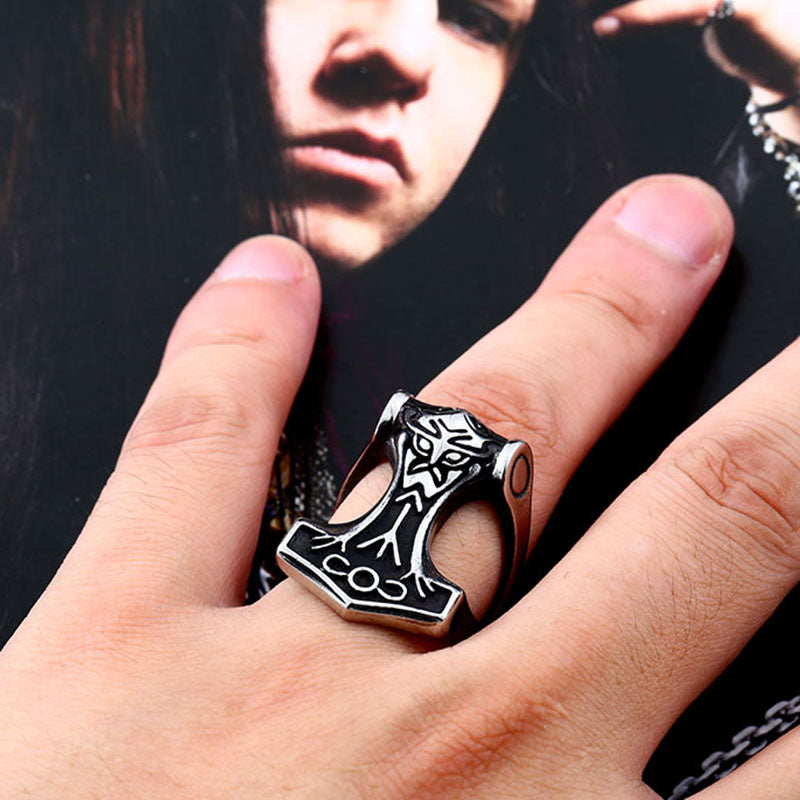 ZMY Home Viking Mjolnir Ring – Stainless Steel Thor’s Hammer Band with Runic Engravings, Norse Mythology Men’s Biker Jewelry
