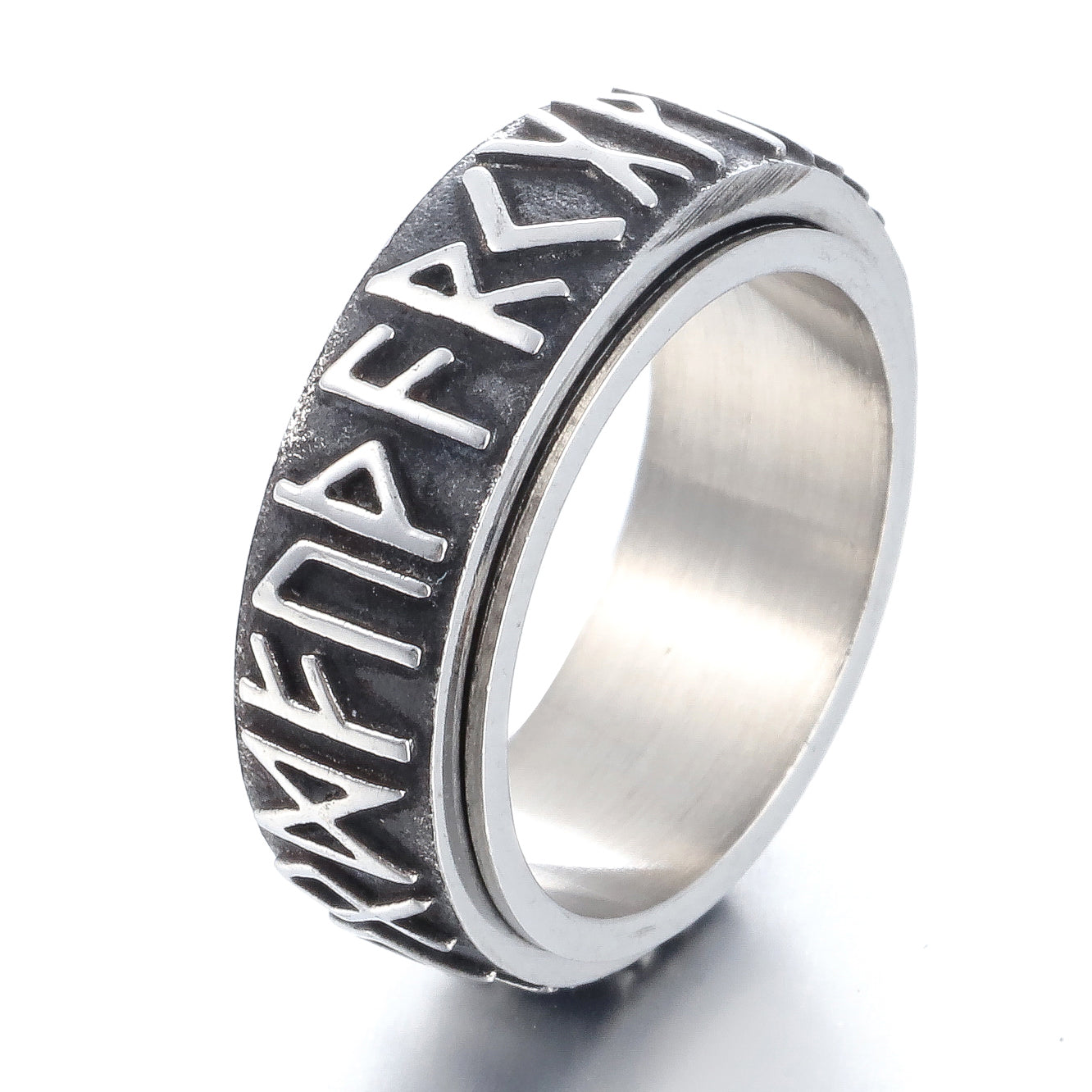 ZMY Home Viking Spinner Ring – 8mm Stainless Steel Band with Embossed Elder Futhark Runes, Rotating Symbol Rune Design, Gothic Mens Unisex Jewelry