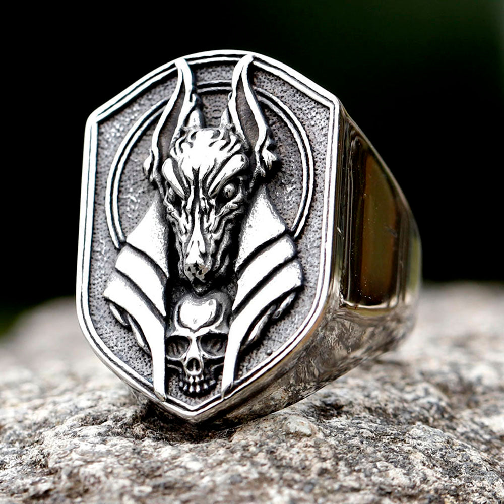 ZMY Home Stainless Steel Anubis and Skull Engraved Signet Ring | Unique Egyptian Mythology Party Jewelry