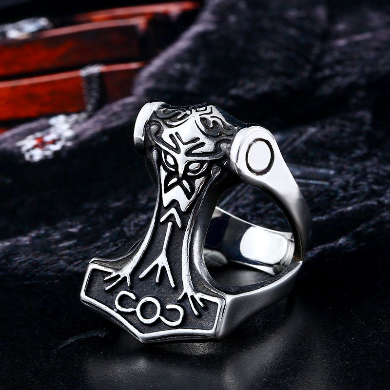 ZMY Home Viking Mjolnir Ring – Stainless Steel Thor’s Hammer Band with Runic Engravings, Norse Mythology Men’s Biker Jewelry