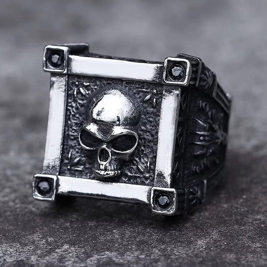 ZMY Home Stainless Steel Skull Ring Demon Signet Design – Gothic Biker Party Jewelry for Men, Punk Statement Ring