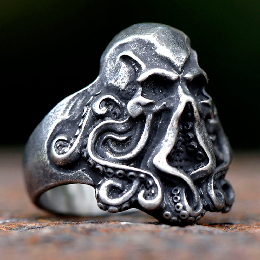 ZMY Home Gothic Octopus Cthulhu Skull Stainless Steel Spinner Fidget Ring - Unique Edgy Party Jewelry for Gifts