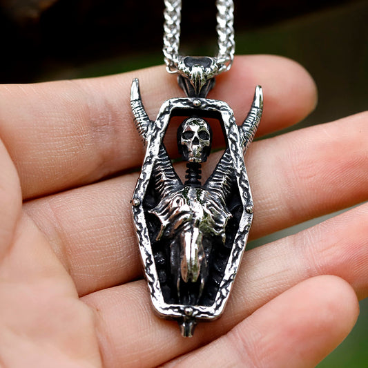 ZMY Home Skull Pendant Necklace - Coffin of Skeleton with Goat Demon Design - Unique Stainless Steel Jewelry