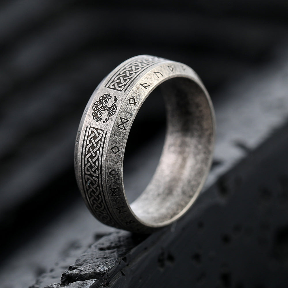 ZMY Home Viking Rune Ring for Men – Norse Yggdrasil Tree of Life Band with Knot, Elder Futhark Runes Stainless Steel Nordic Jewelry