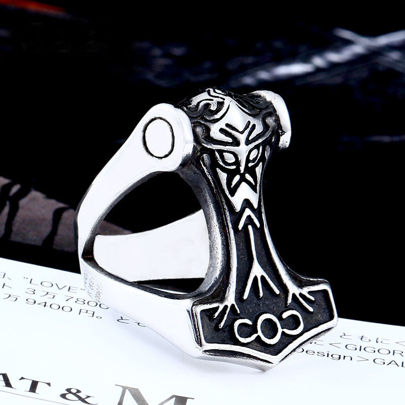 ZMY Home Viking Mjolnir Ring – Stainless Steel Thor’s Hammer Band with Runic Engravings, Norse Mythology Men’s Biker Jewelry