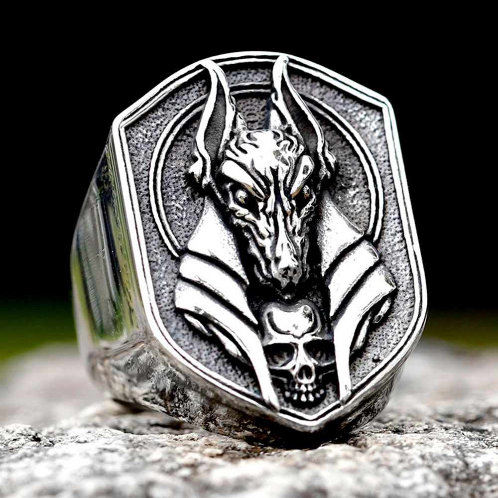 ZMY Home Stainless Steel Anubis and Skull Engraved Signet Ring | Unique Egyptian Mythology Party Jewelry