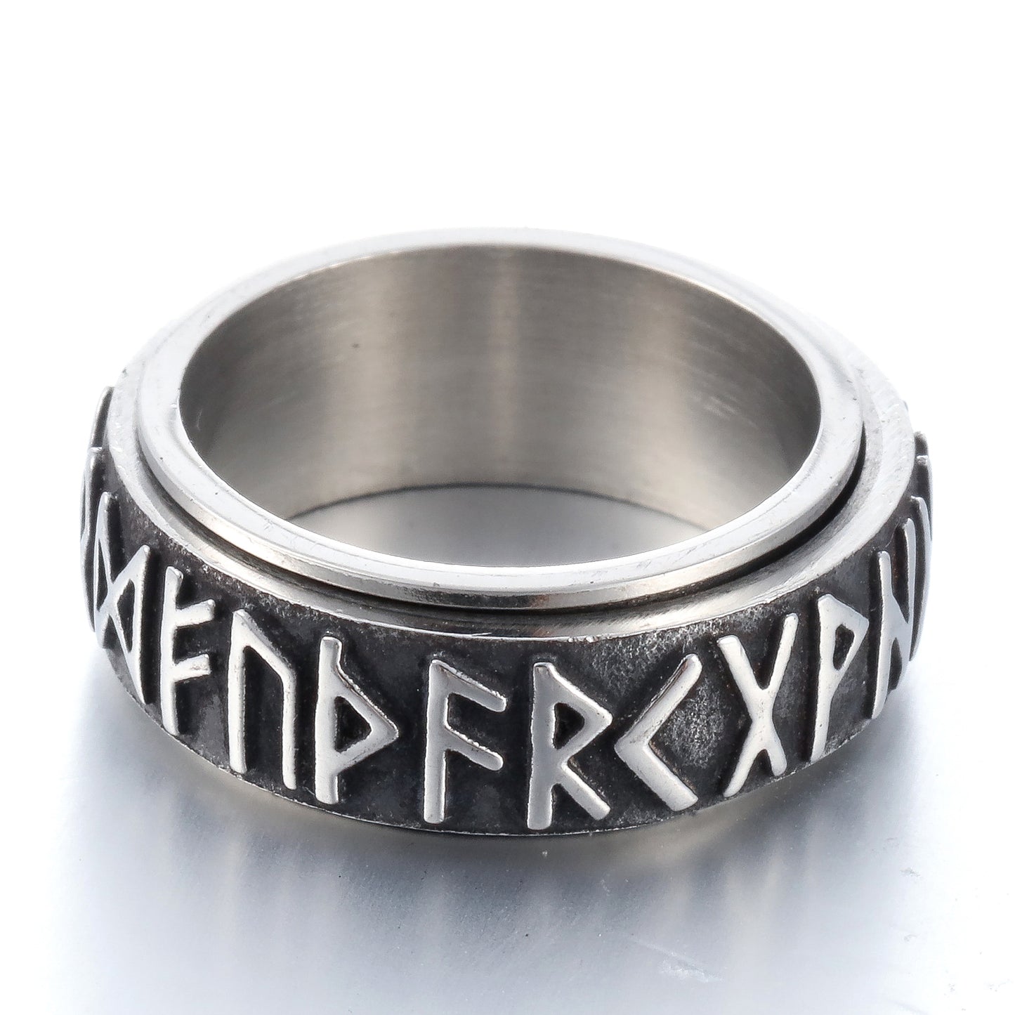 ZMY Home Viking Spinner Ring – 8mm Stainless Steel Band with Embossed Elder Futhark Runes, Rotating Symbol Rune Design, Gothic Mens Unisex Jewelry