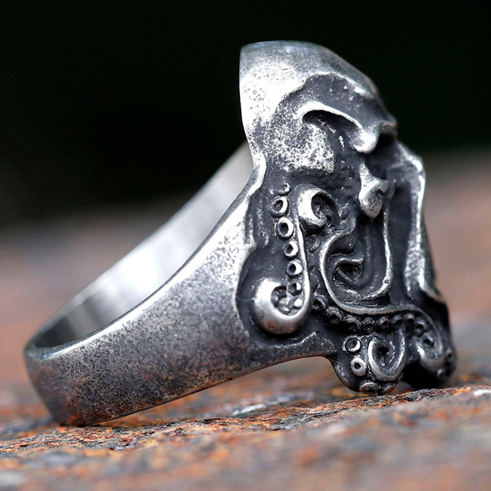 ZMY Home Gothic Octopus Cthulhu Skull Stainless Steel Spinner Fidget Ring - Unique Edgy Party Jewelry for Gifts