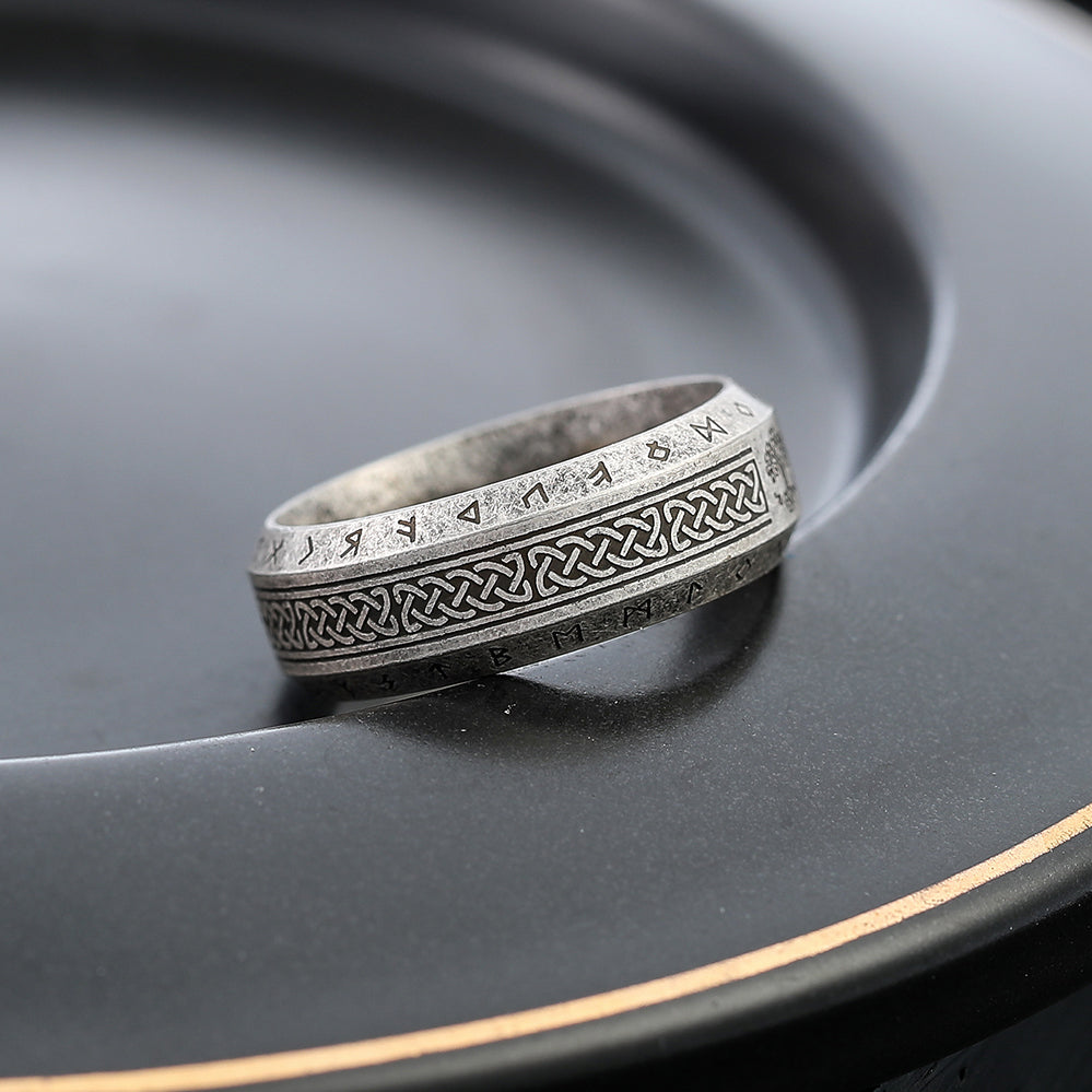 ZMY Home Viking Rune Ring for Men – Norse Yggdrasil Tree of Life Band with Knot, Elder Futhark Runes Stainless Steel Nordic Jewelry