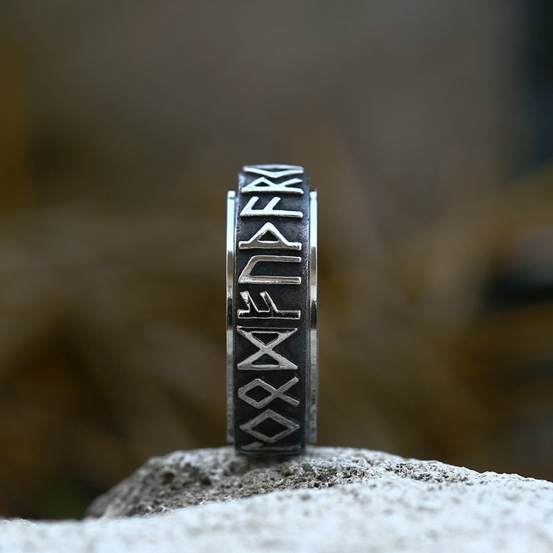 ZMY Home Viking Spinner Ring – 8mm Stainless Steel Band with Embossed Elder Futhark Runes, Rotating Symbol Rune Design, Gothic Mens Unisex Jewelry