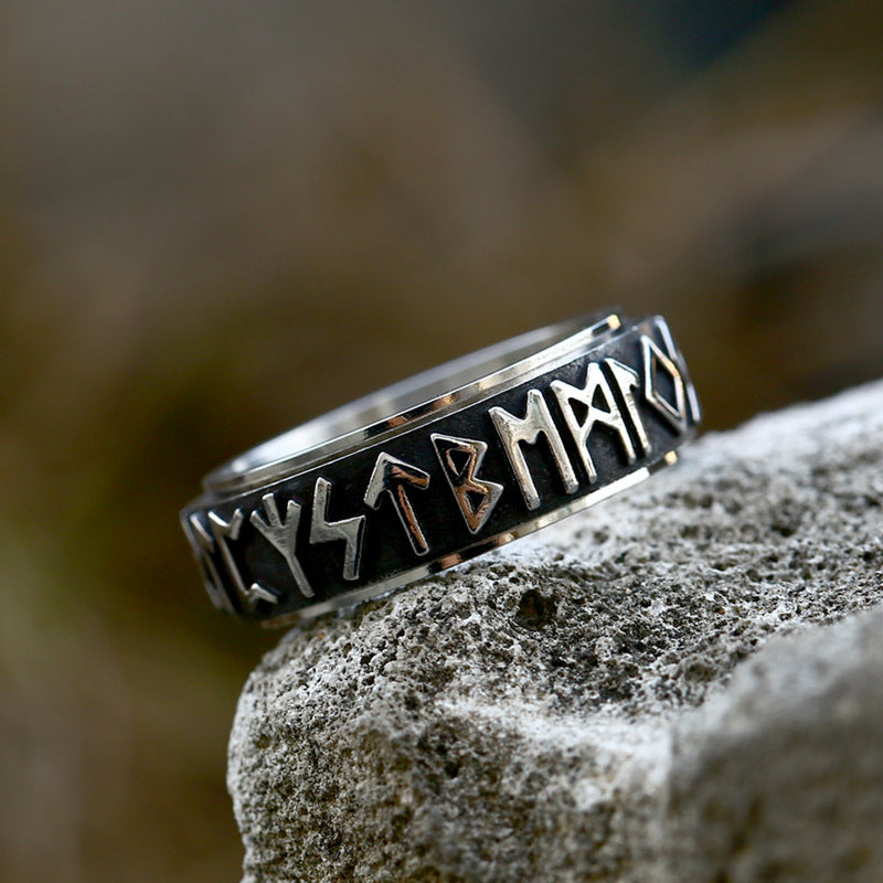 ZMY Home Viking Spinner Ring – 8mm Stainless Steel Band with Embossed Elder Futhark Runes, Rotating Symbol Rune Design, Gothic Mens Unisex Jewelry