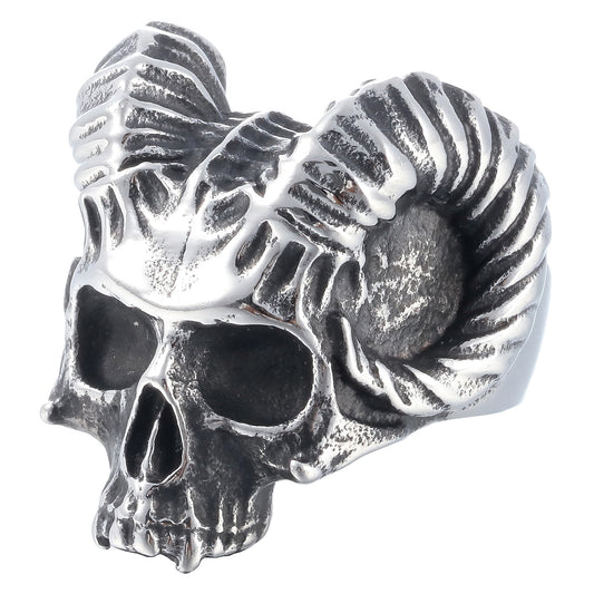 ZMY Home Antique Silver Ram Skull Ring for Men, Gothic Baphomet Goat Horns Demon Style, Edgy Evil Satanic Jewelry Gift