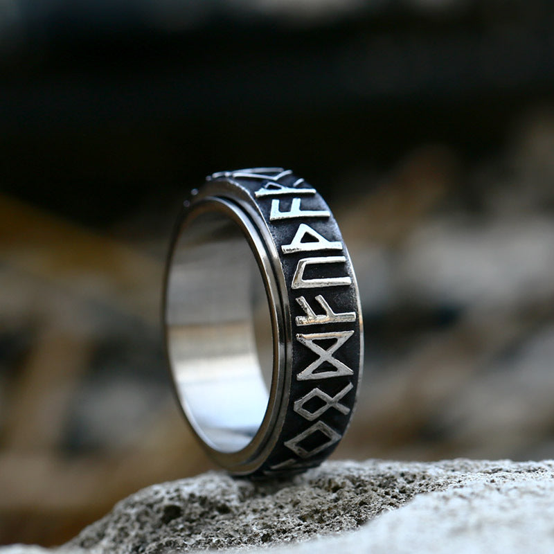 ZMY Home Viking Spinner Ring – 8mm Stainless Steel Band with Embossed Elder Futhark Runes, Rotating Symbol Rune Design, Gothic Mens Unisex Jewelry