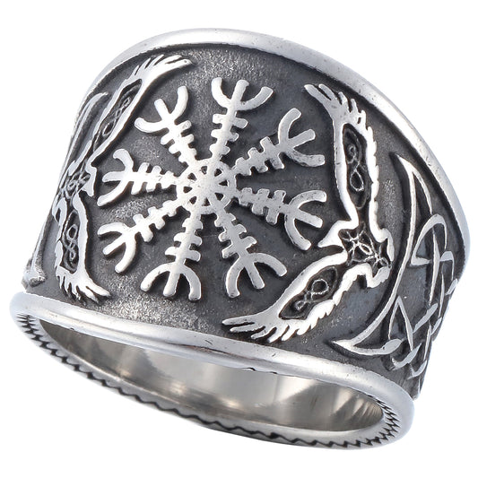 ZMY Home Stainless Steel Viking Signet Ring with Celtic Knot & Runic Compass & Raven Engraving – Norse Mythology Men’s Fashion Jewelry