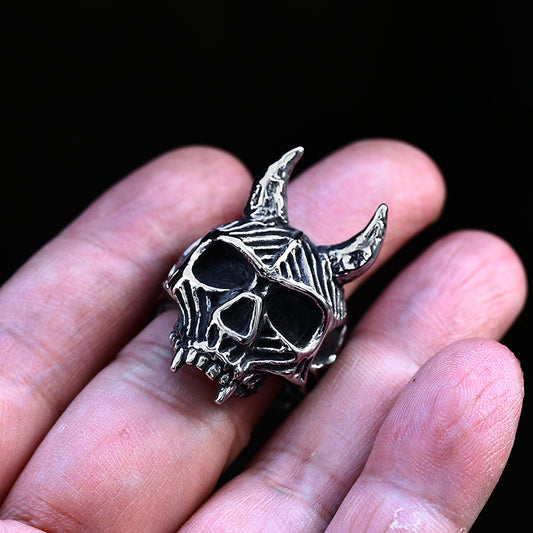 ZMY Home Stainless Steel Punk Ring - Alt Style Skull Design with Devil Horns and Vampire Fangs for Party Jewelry