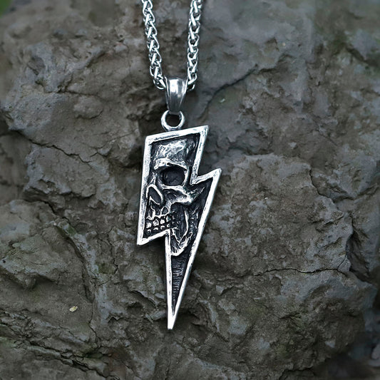 ZMY Home Gothic Punk Rock Necklace - Stainless Steel Skull Lightning Pendant with Long Chain