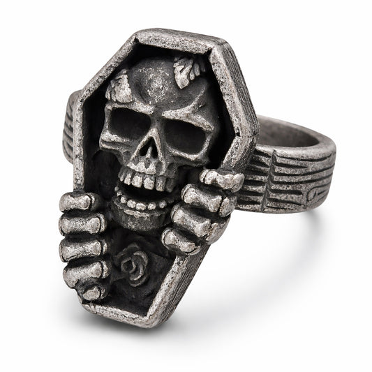 ZMY Home Gothic Coffin Skull Ring for Men, Vintage Skeleton Hand Stainless Steel Biker Ring, Punk Halloween Jewelry Gift