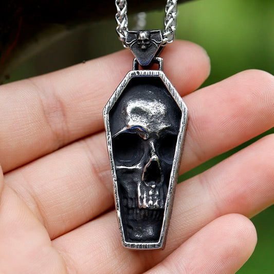 ZMY Home Stainless Steel Party Jewelry Long Chain Skull Face Coffin Pendant Necklace for Men