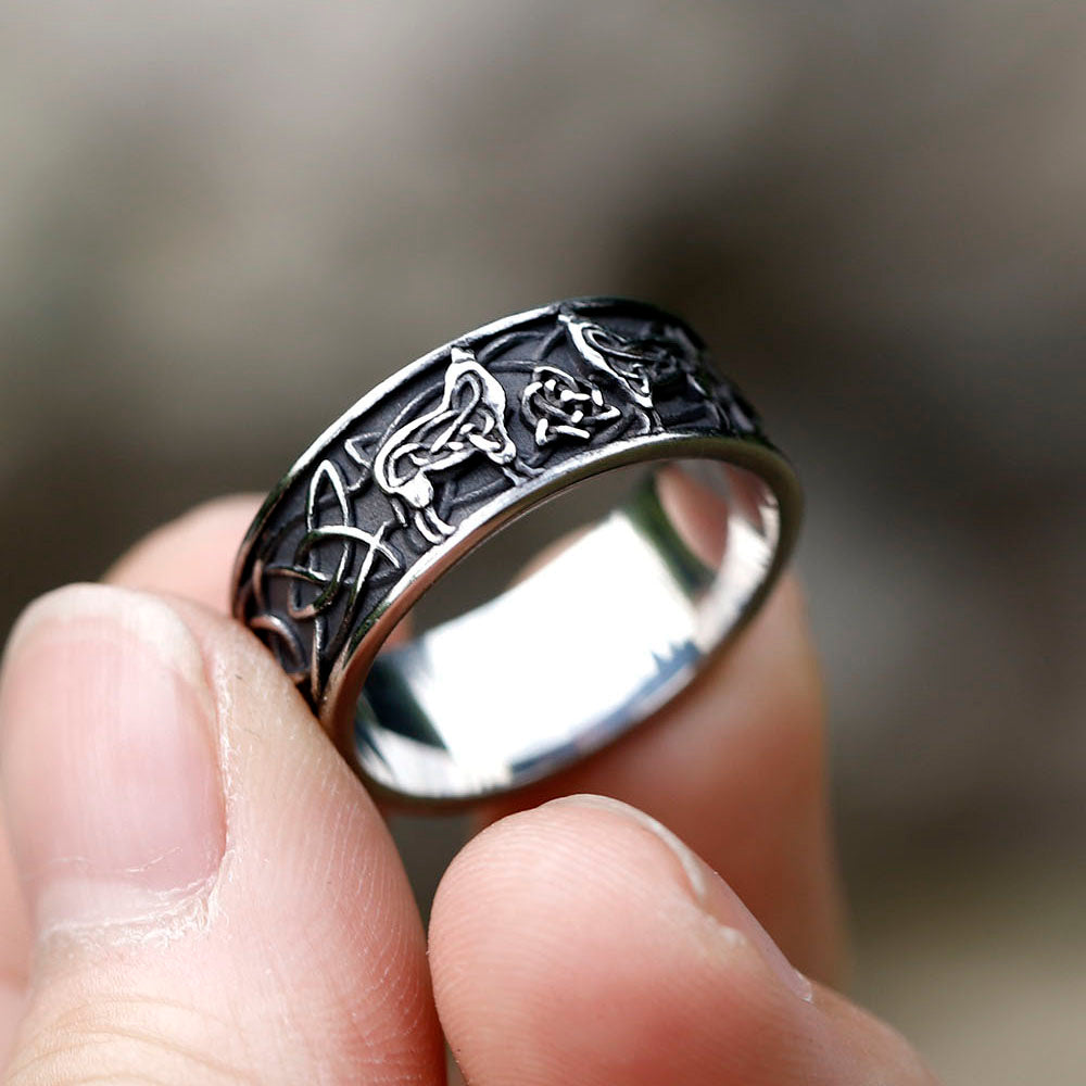 ZMY Home Viking Fenrir Wolf Knot Ring – Stainless Steel Norse Mythology Band with Celtic Knot Engravings, Men’s Statement Jewelry