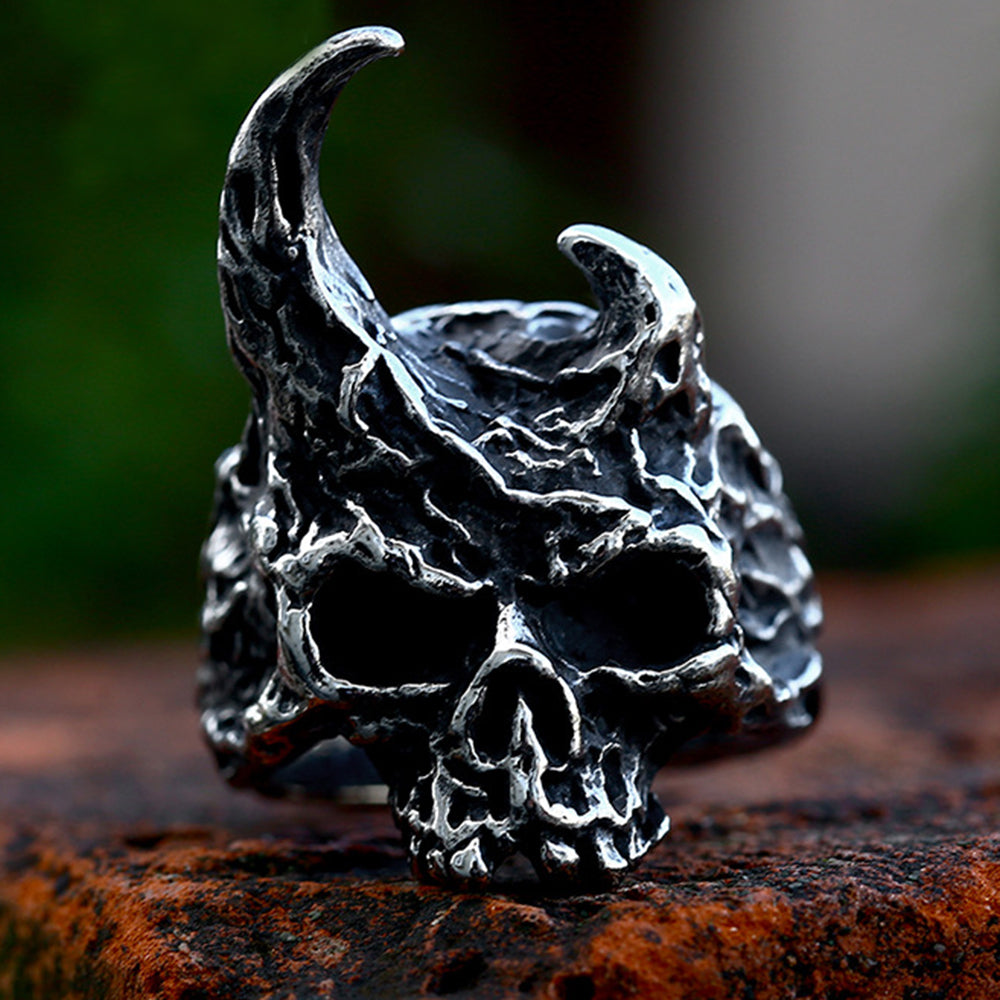 ZMY Home Devil Skull Ring with Asymmetrical Horns | Unique Gothic Stainless Steel Party Jewelry