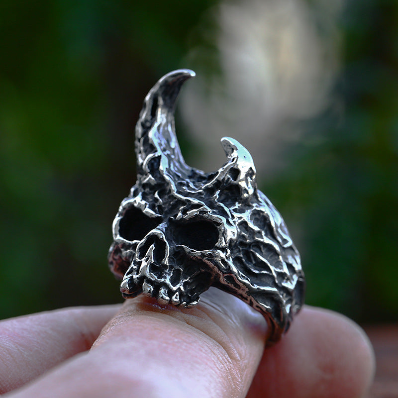 ZMY Home Devil Skull Ring with Asymmetrical Horns | Unique Gothic Stainless Steel Party Jewelry