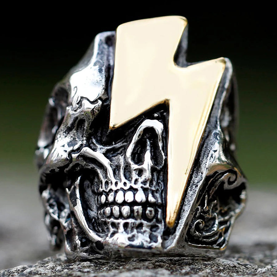 ZMY Home Stainless Steel Punk Rock Skull Ring - Edgy Alt Style with Gold Lightning Detail for Party Jewelry