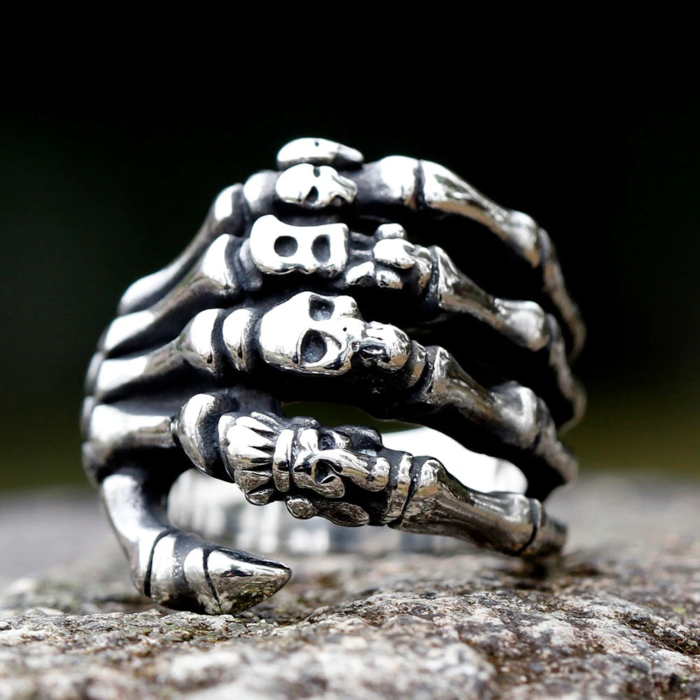 ZMY Home Stainless Steel Skull Hand Ring with Voodoo Skull Carving | Unique Gothic Party Jewelry