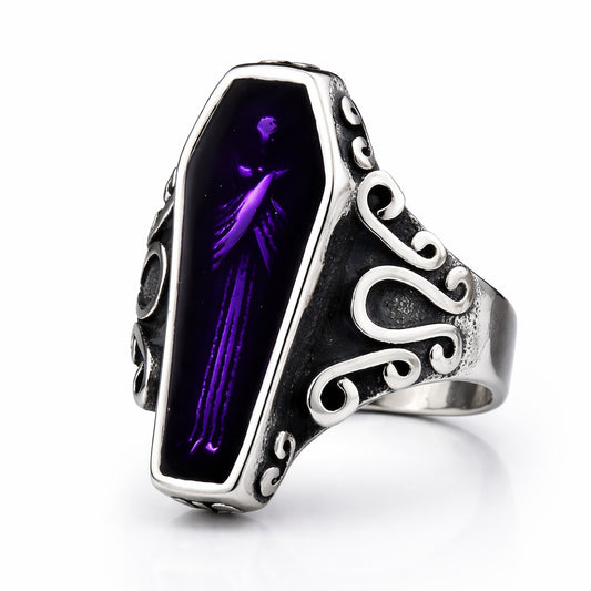 ZMY Home Gothic Coffin Ring for Women, Stainless Steel Purple Resin Vampire Coffin Ring, Vintage Punk Statement Jewelry
