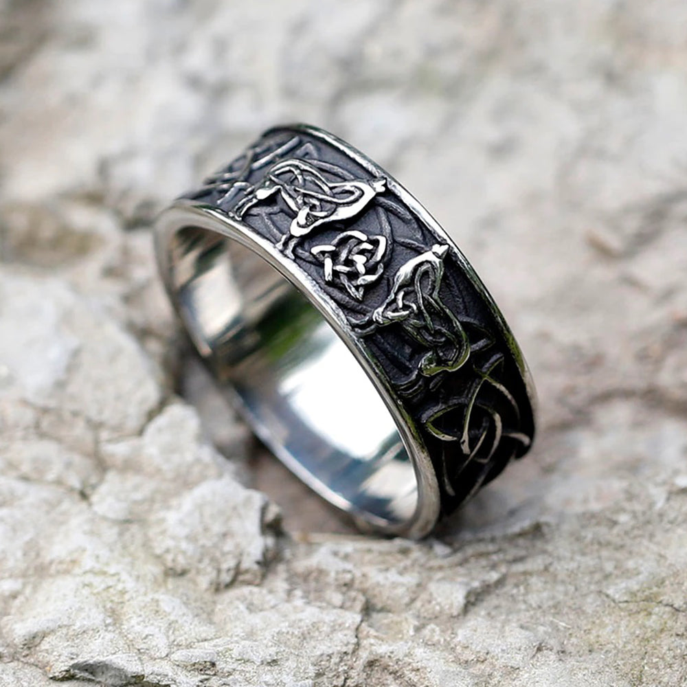ZMY Home Viking Fenrir Wolf Knot Ring – Stainless Steel Norse Mythology Band with Celtic Knot Engravings, Men’s Statement Jewelry